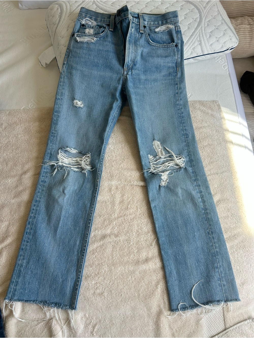 rag & bone Light Blue Distressed Straight Leg Jeans